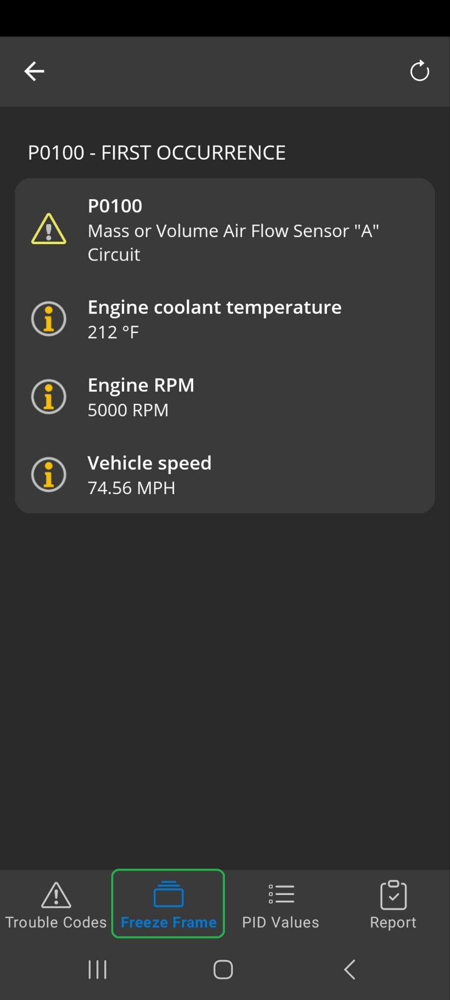 Android Diagnostics screen showing the Freeze Frame tab.
