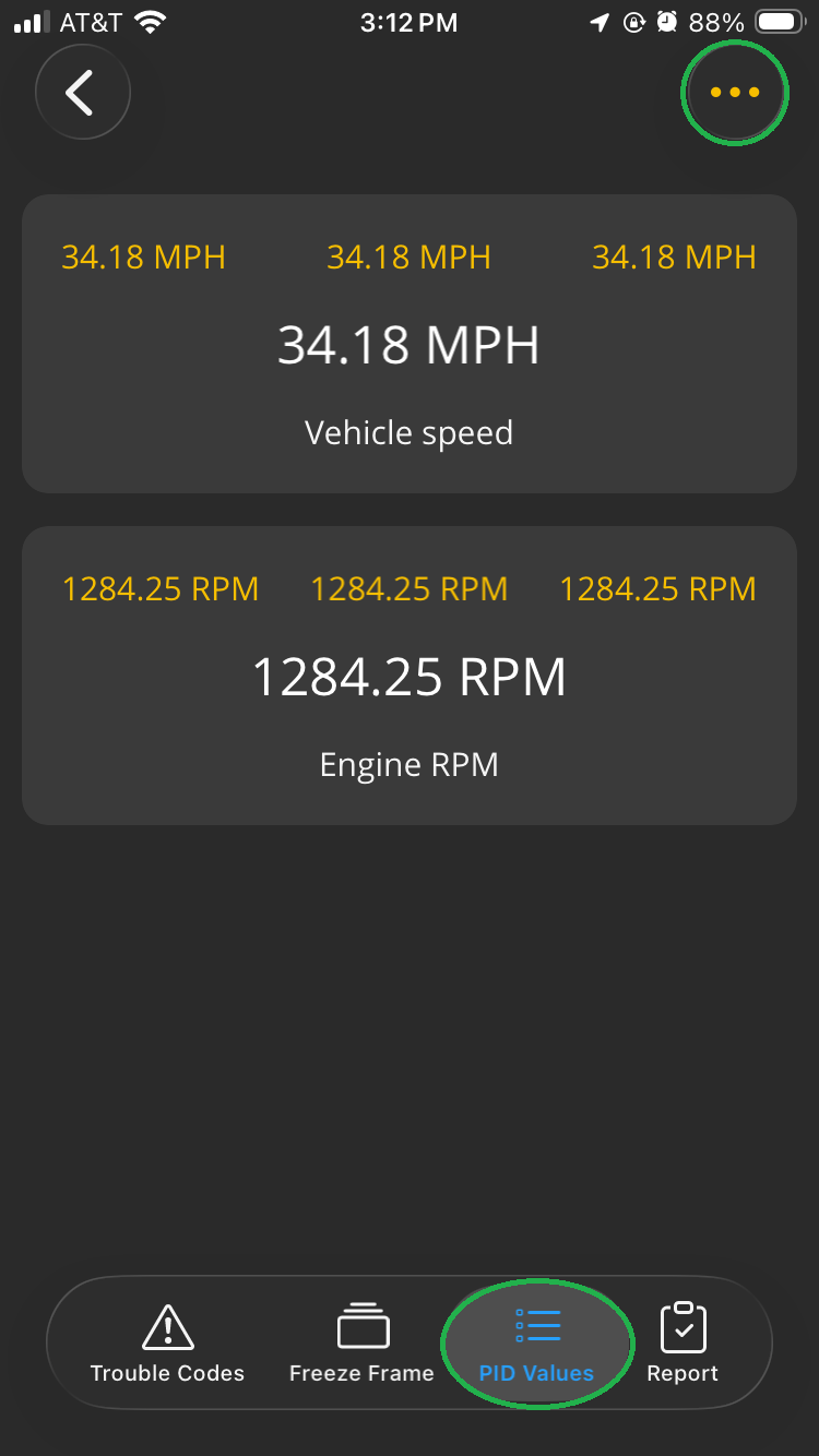 iOS Diagnostics screen showing the PID Values tab. The Menu button (3 horizontal dots) is highlighted.