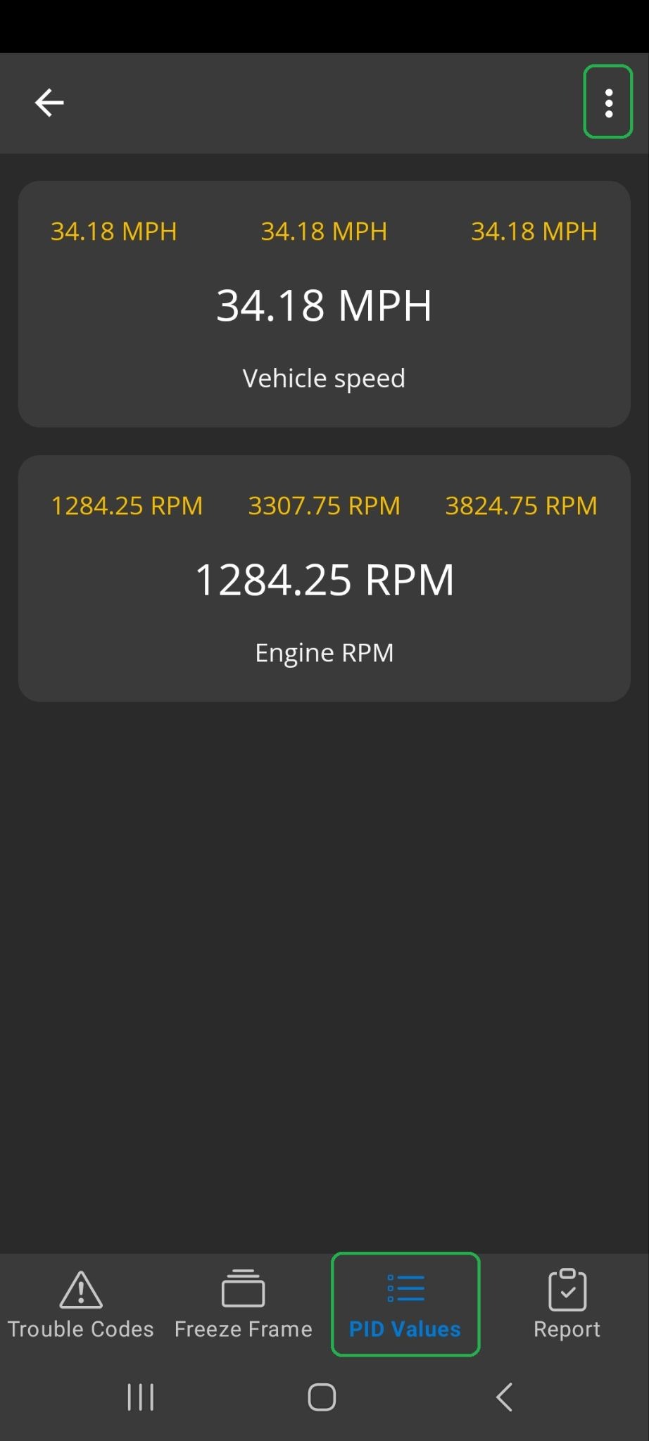 Android Diagnostics screen showing the PID Values tab. The Menu button (3 vertical dots) is highlighted.