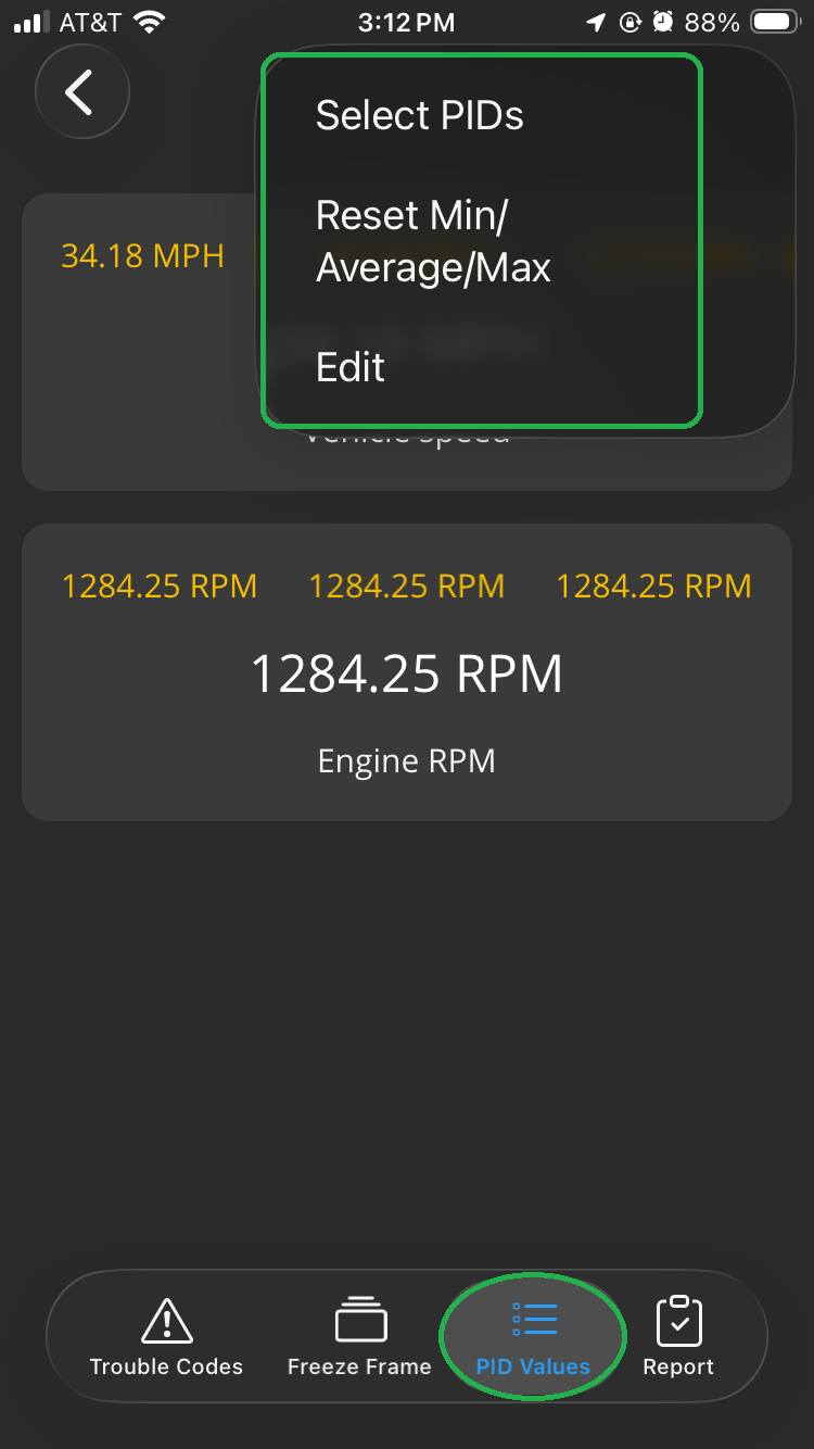 iOS Diagnostics screen showing the PID Values tab. The menu options are highlighted.