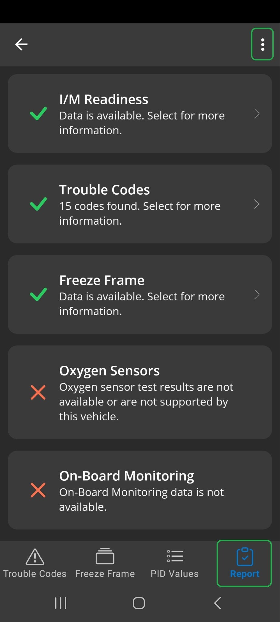 Android Diagnostics screen showing the Reports tab. The Menu button (3 vertical dots) is highlighted.