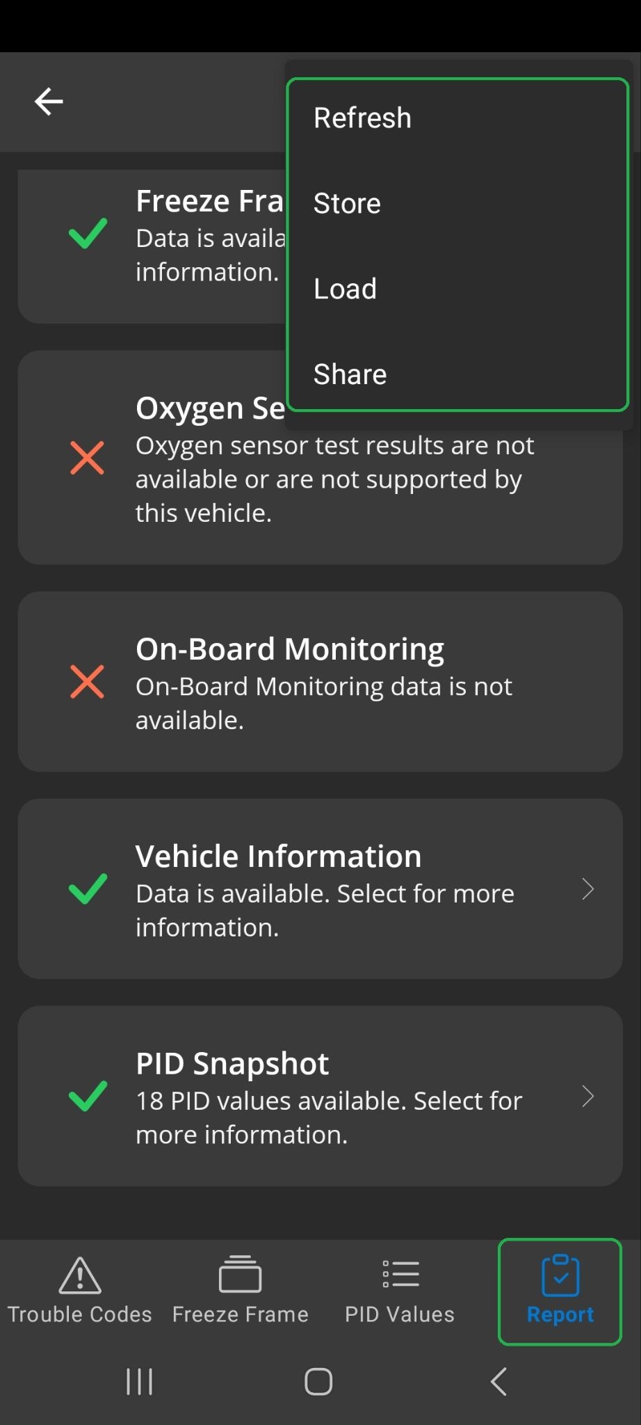 Android Diagnostics screen. The Report menu options are highlighted.