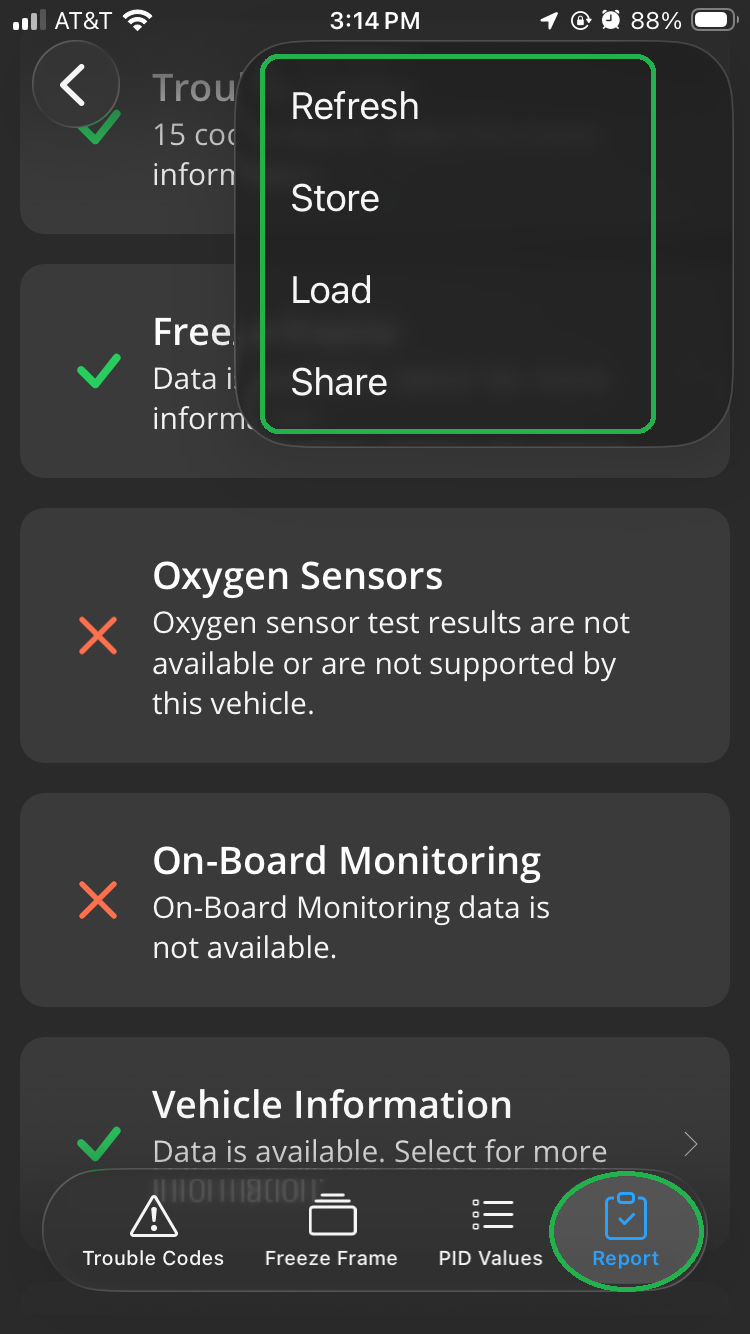 iOS Diagnostics screen. The Report menu options are highlighted.