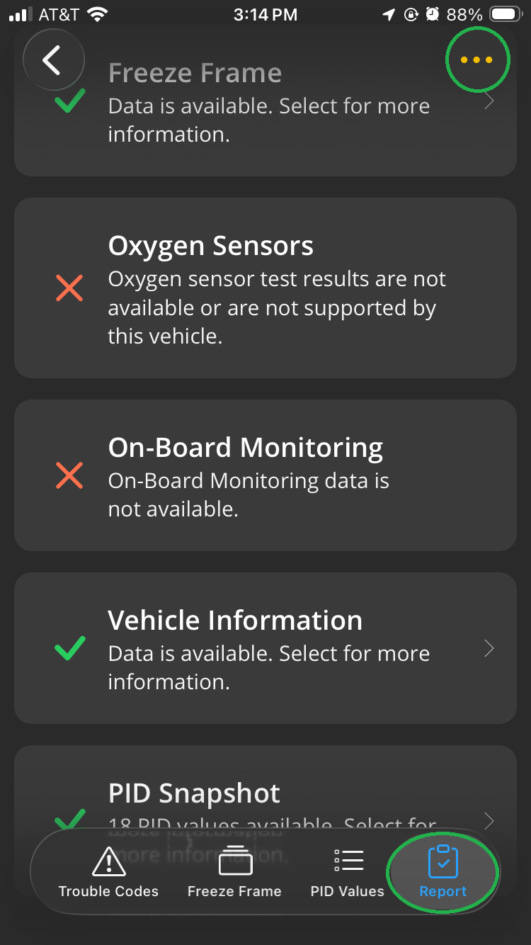 iOS Diagnostics screen showing the Reports tab. The Menu button (3 horizontal dots) is highlighted.
