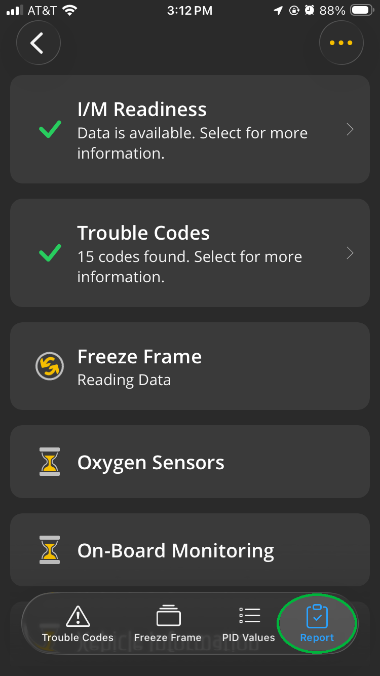iOS Diagnostics screen showing the Report tab when the report is loading.