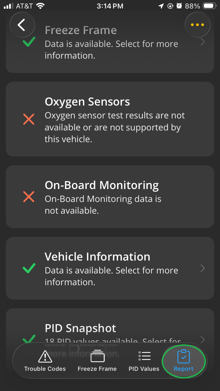 iOS Diagnostics screen showing the Report tab when the report is complete.