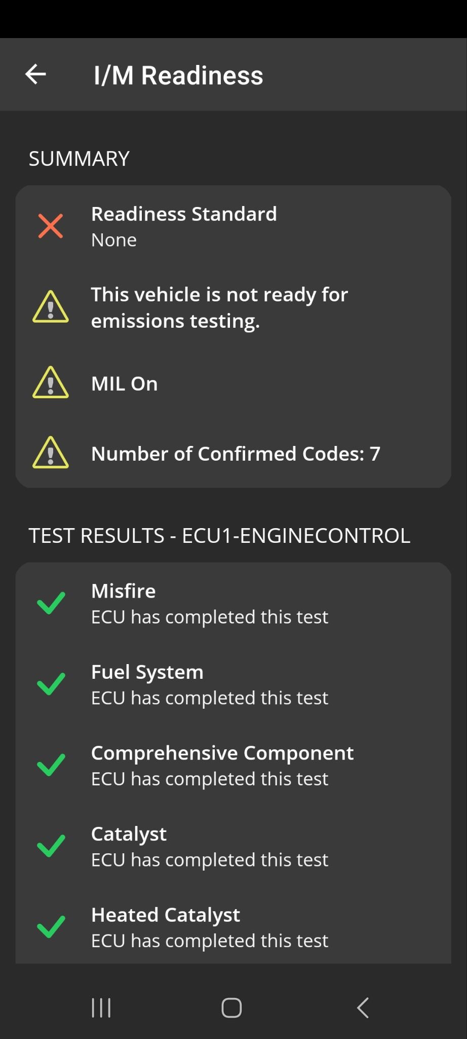 Android Diagnostics screen showing the I M Readiness report. 