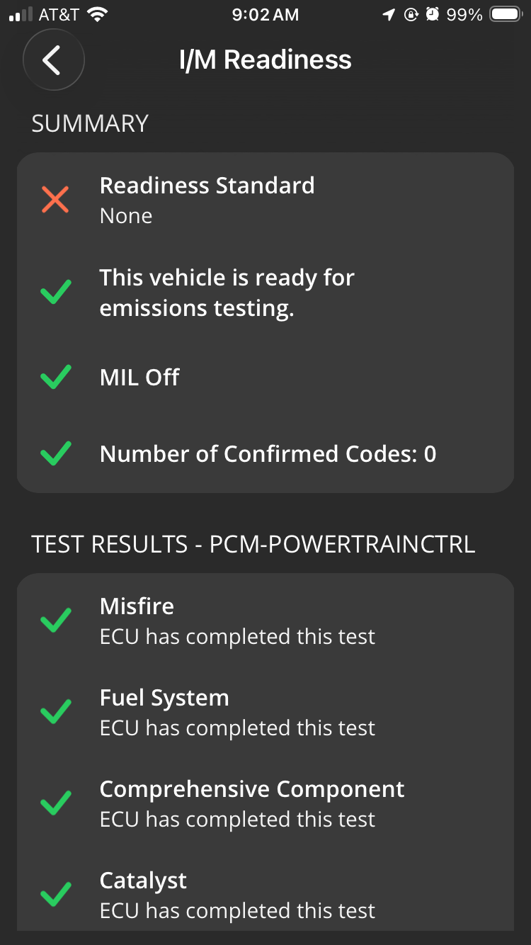 iOS Diagnostics screen showing the I M Readiness report. 