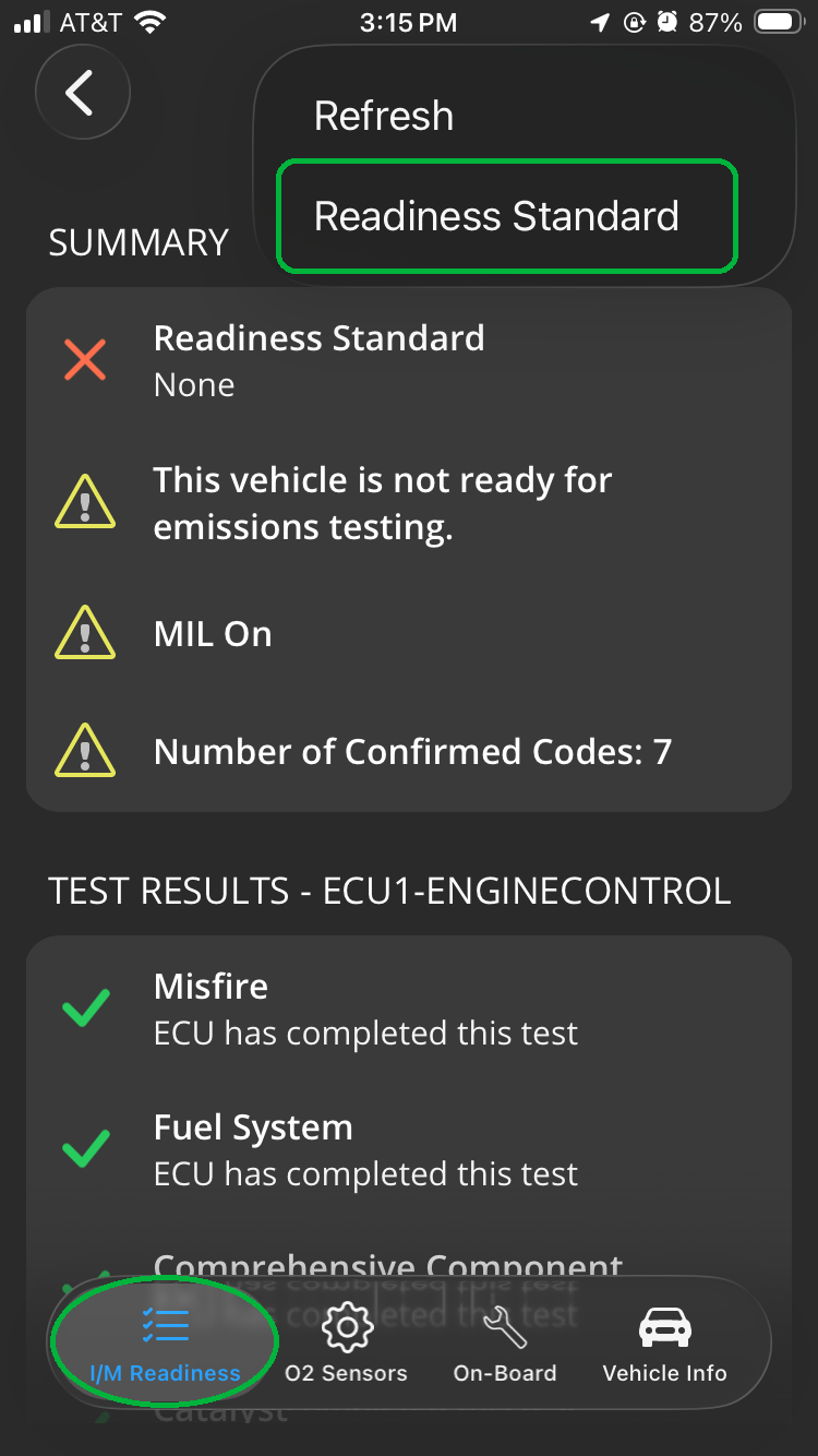 iOS Monitors screen showing Monitor menu options. Readiness Standard is highlighted.