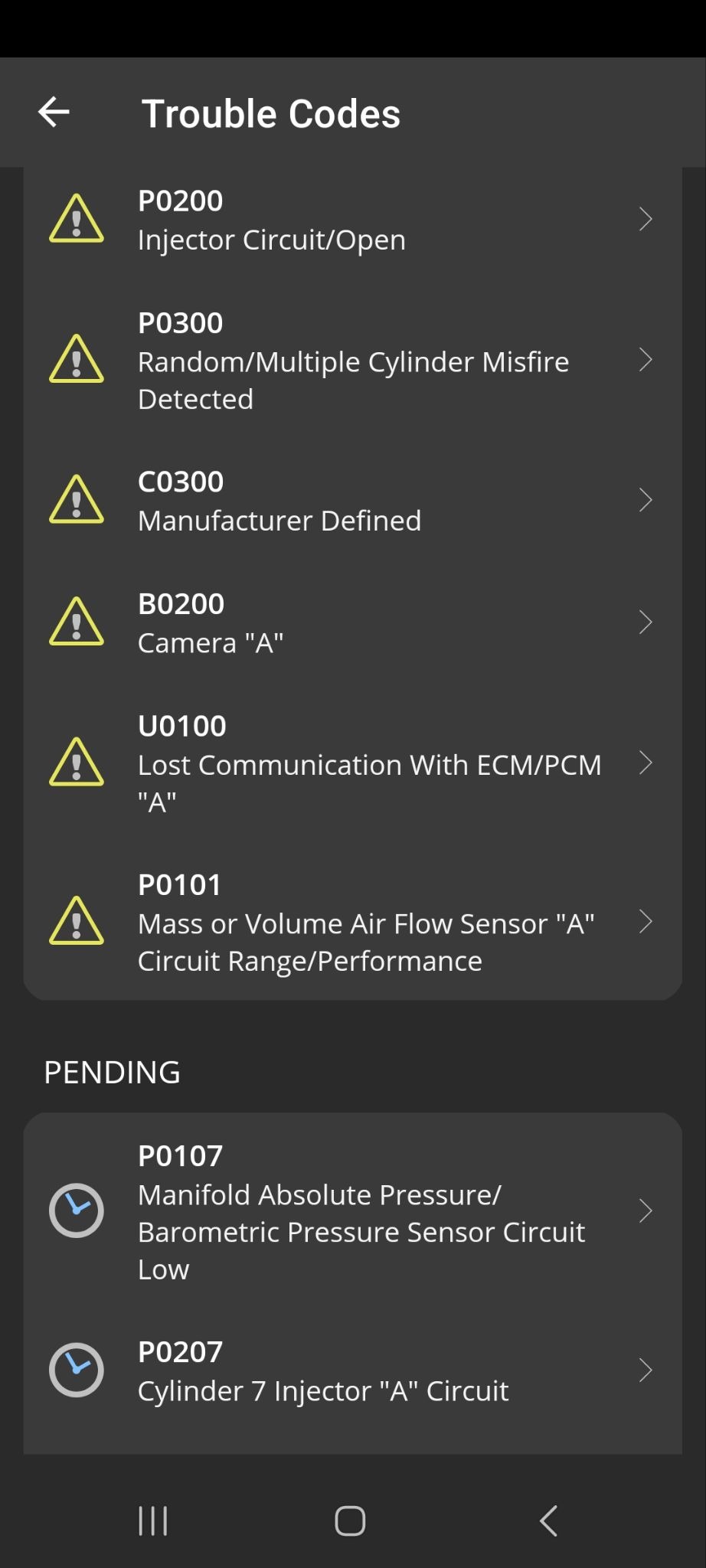 Android Diagnostics screen showing Trouble Codes report.