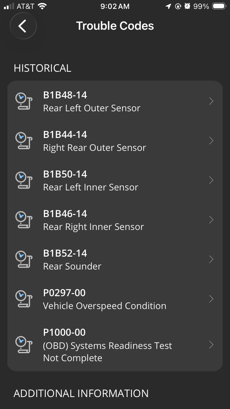 iOS Diagnostics screen showing Trouble Codes report.
