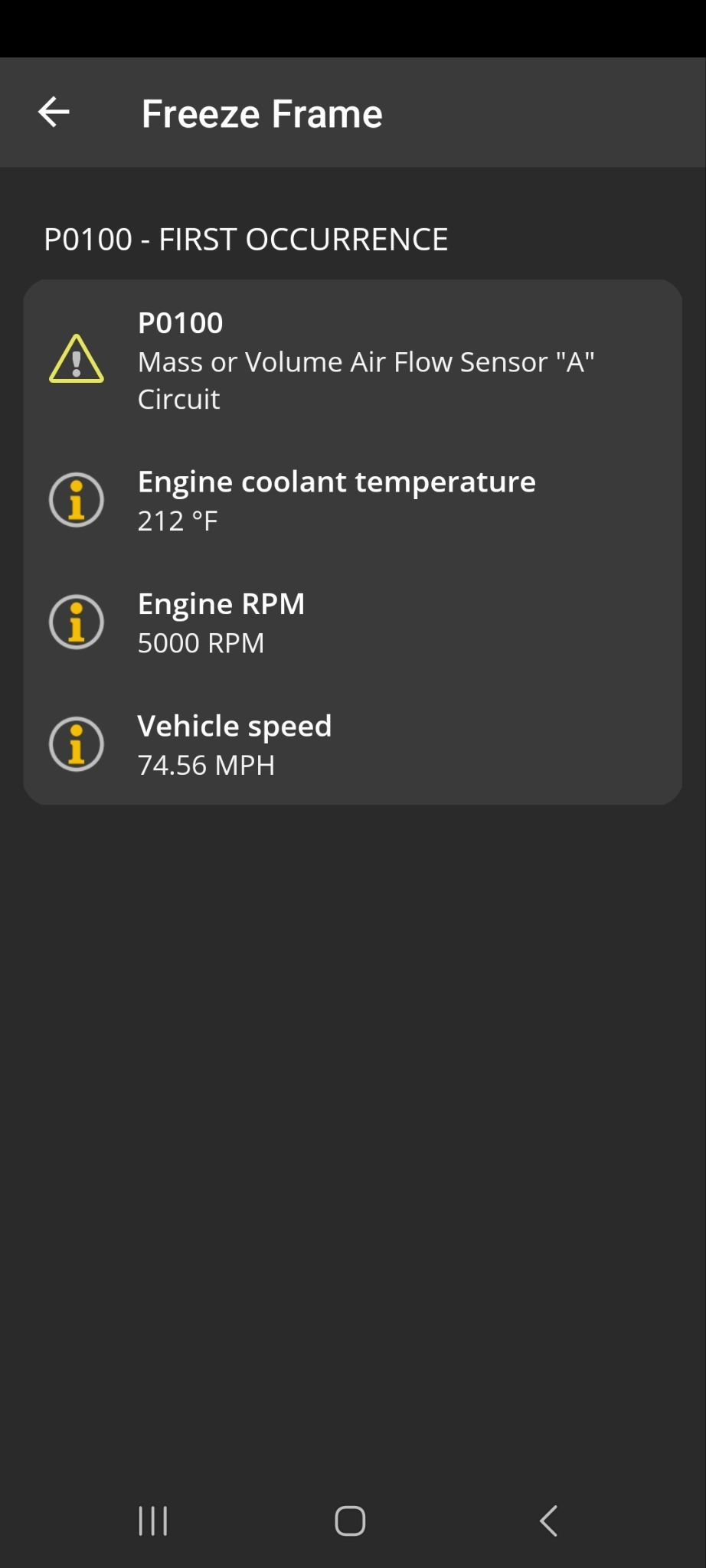 Android Diagnostics screen showing a Freeze Frame report. 