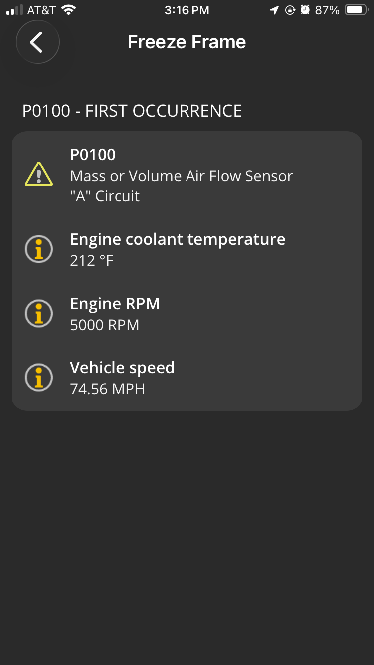 iOS Diagnostics screen showing a Freeze Frame report. 
