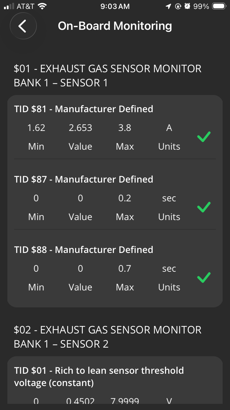iOS Diagnostics screen showing an On-Board Monitoring test report. 
