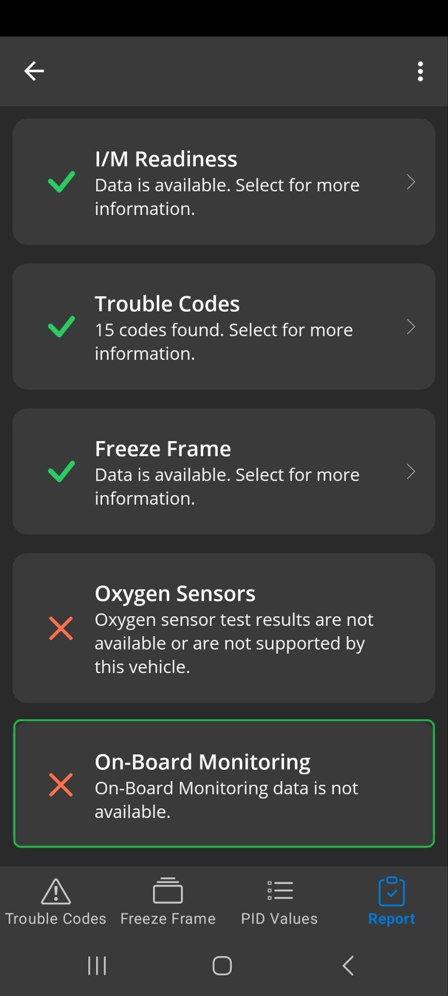 Android screen showing a diagnostics report. The On-Board Monitoring portion is highlighted. 
