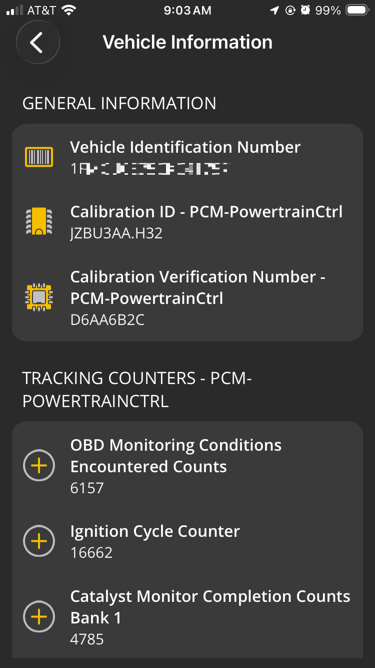 iOS Diagnostics screen showing a Vehicle Information test report. 