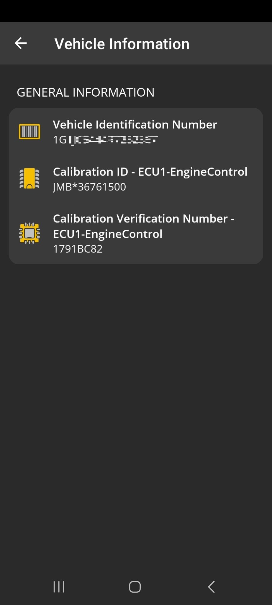Android Diagnostics screen showing a Vehicle Information test report. 