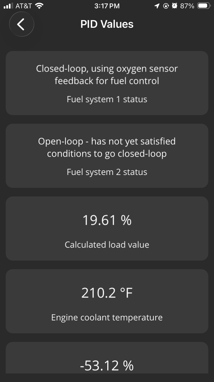 iOS Diagnostics screen showing a PID Values test report. 