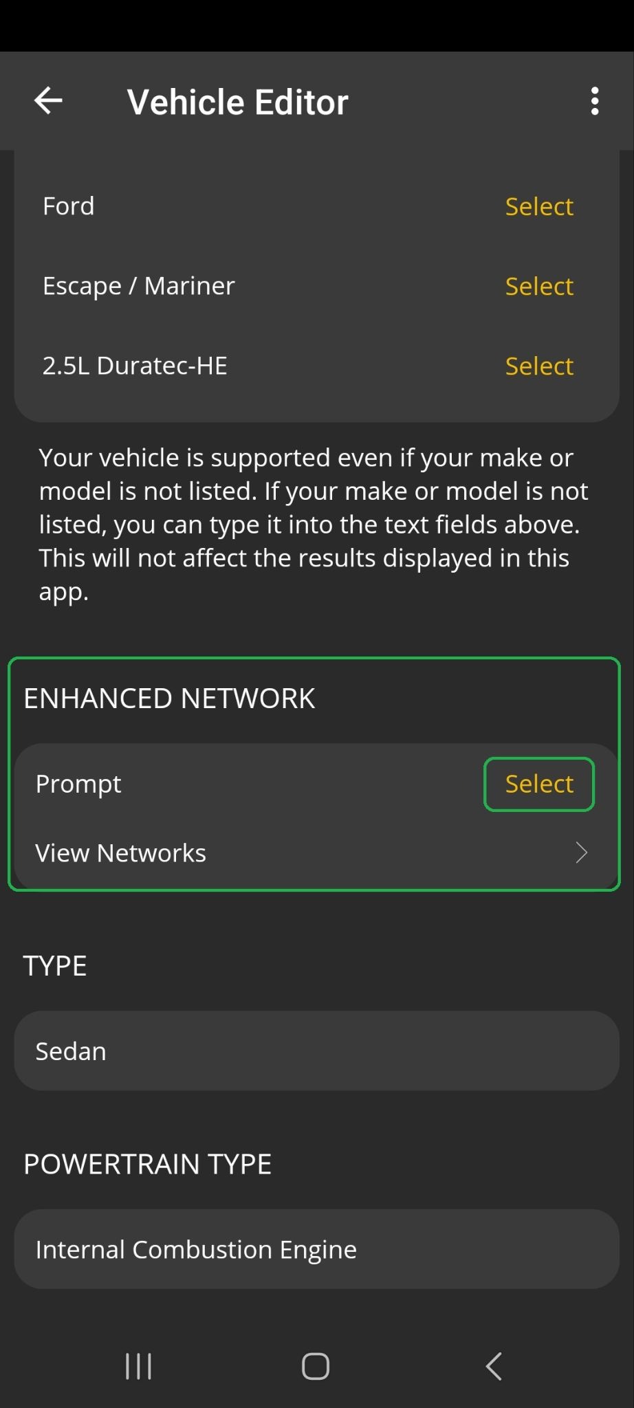 Android Vehicle Editor screen. In the Enhanced Network section, the Prompt Select button is highlighted. 