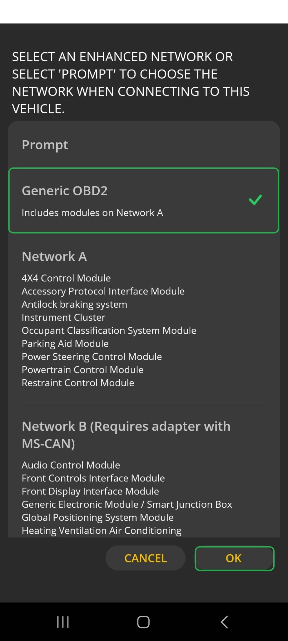 Android Enhanced Network selection screen. The Generic OBD2 option has a checkmark and is highlighted. The OK button is also highlighted.
