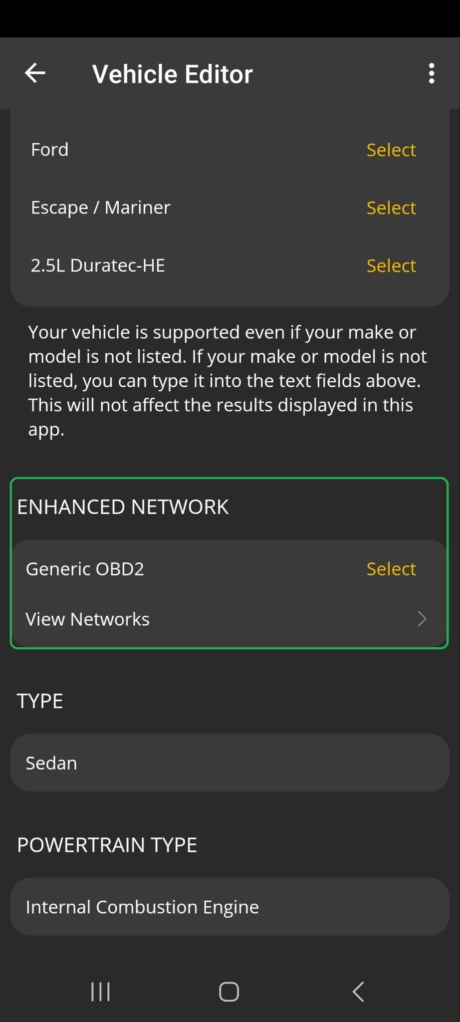 Android Enhanced Network selection screen. The Generic OBD2 option is highlighted.