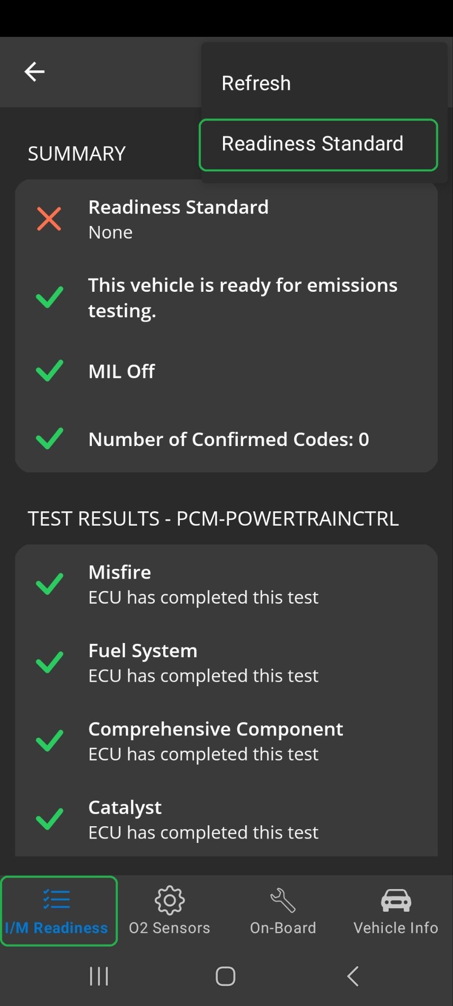 Android Monitors screen showing Monitor menu options. Readiness Standard is highlighted.