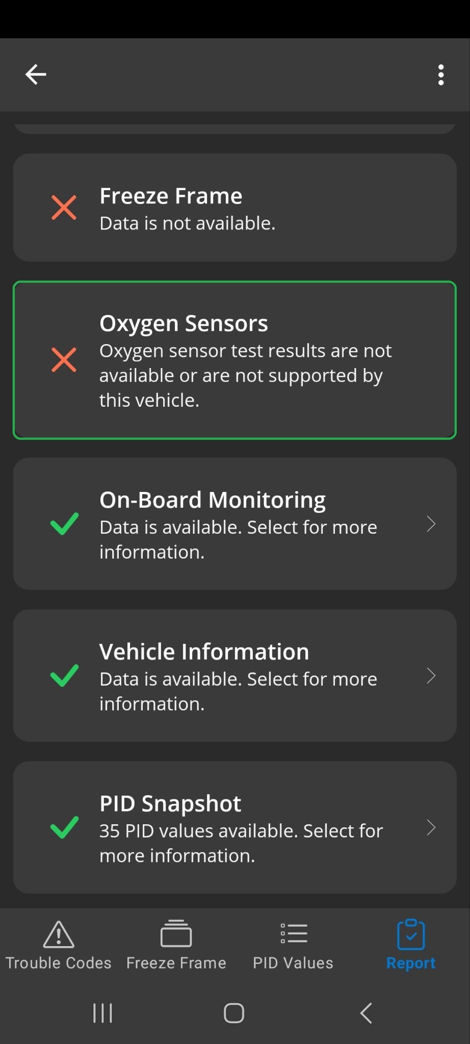 Android Diagnostics Report screen. The Oxygen Sensors section is highlighted and it has a red X in the left column.