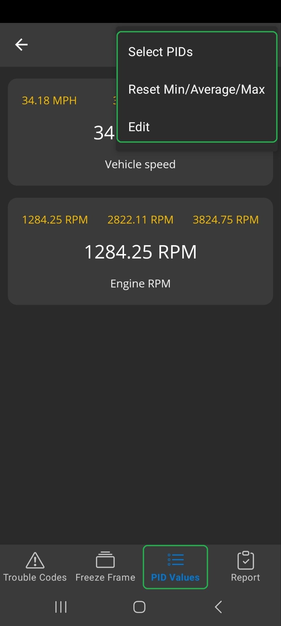 Android Diagnostics screen showing the PID Values tab. The menu options are highlighted.