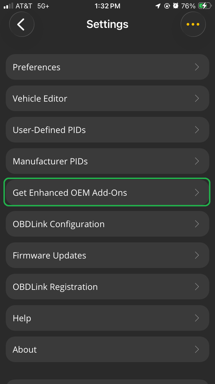iOS Settings screen with Get Enhanced OEM Add-Ons highlighted.