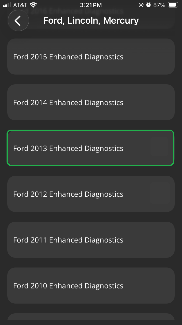 iOS screen with Ford 2013 Enhanced Diagnostics highlighted.