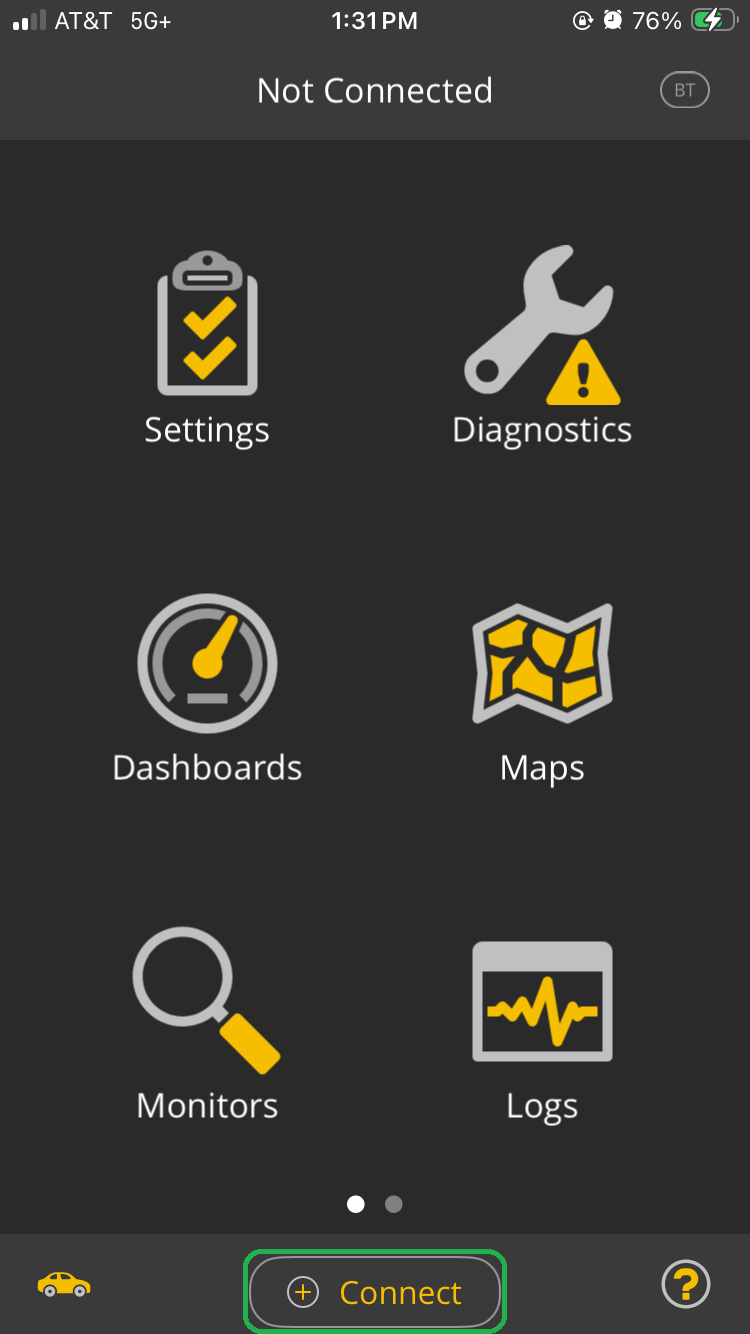 iOS Home screen with the Connect button highlighted.