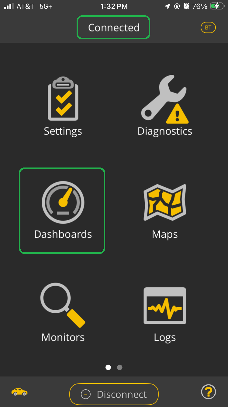 iOS Home screen with the Dashboards icon and Connected both highlighted.