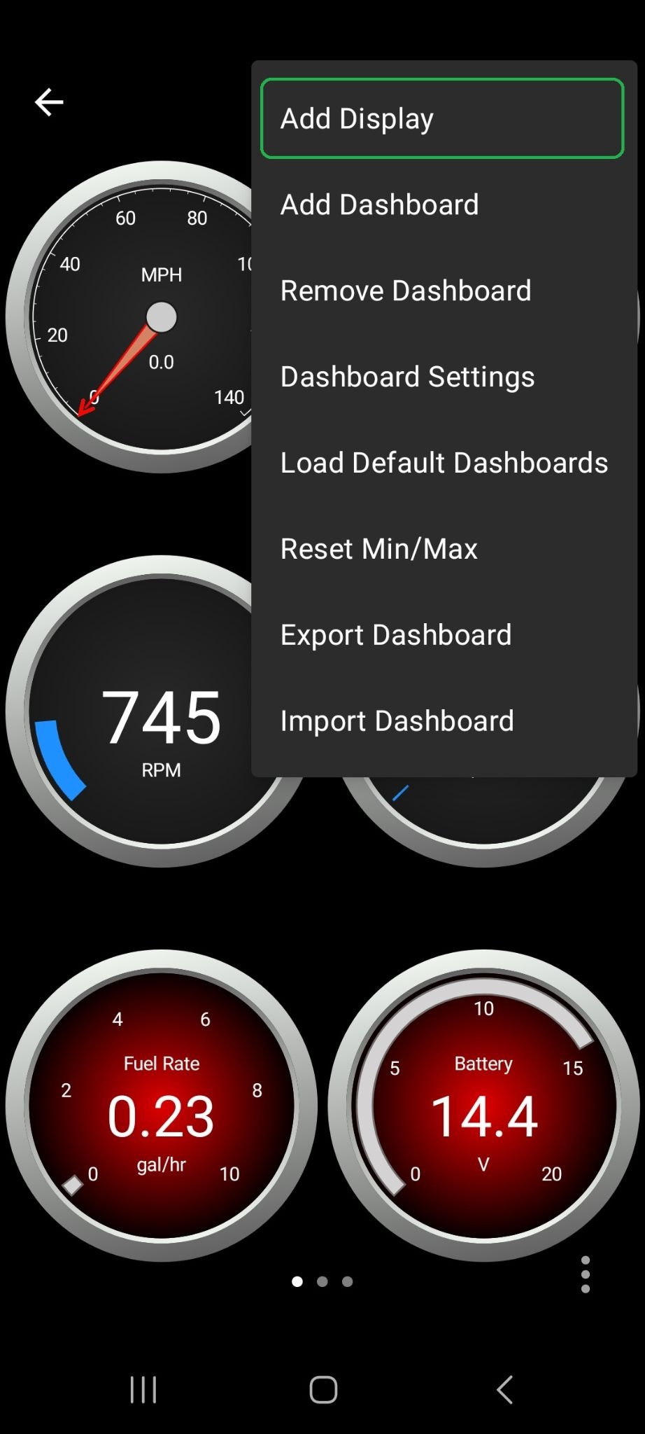 Android Dashboards screen showing Menu options. The Add Display option is highlighted.