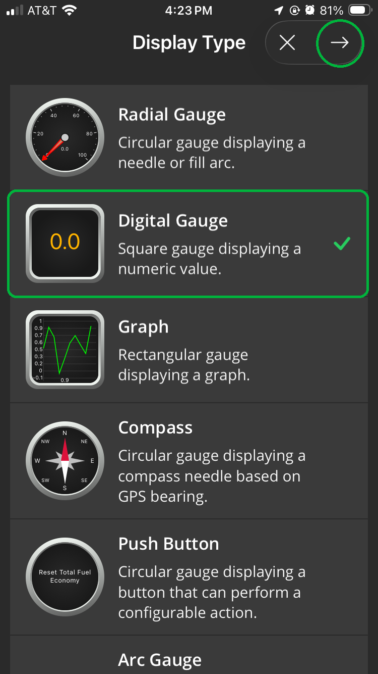 iOS Display Type menu. The Digital Gauge option and the forward arrow button are both highlighted.