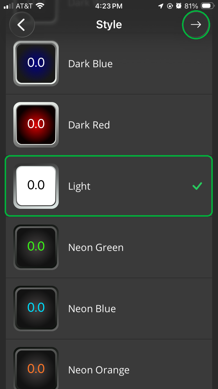 iOS Display Style menu. The Light option and the forward arrow button are both highlighted.