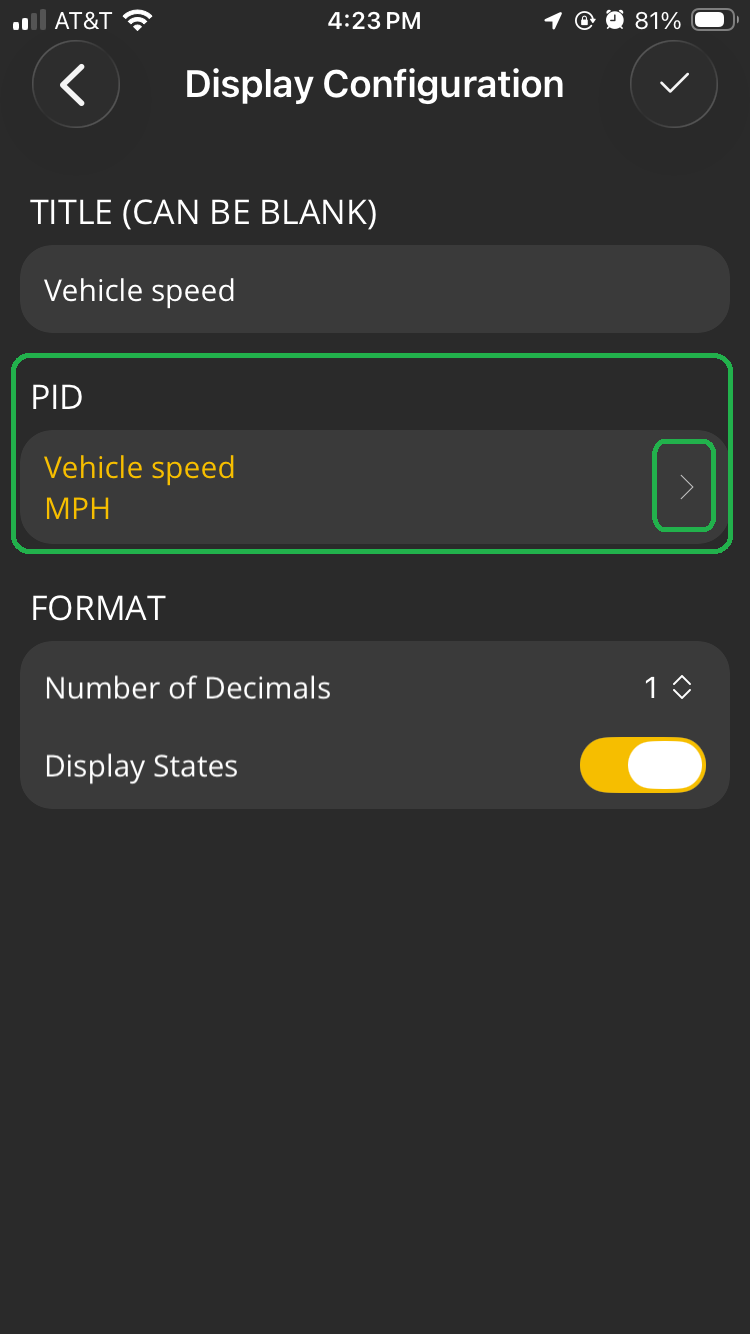iOS Display Configuration screen with PID value and the forward arrow both highlighted.