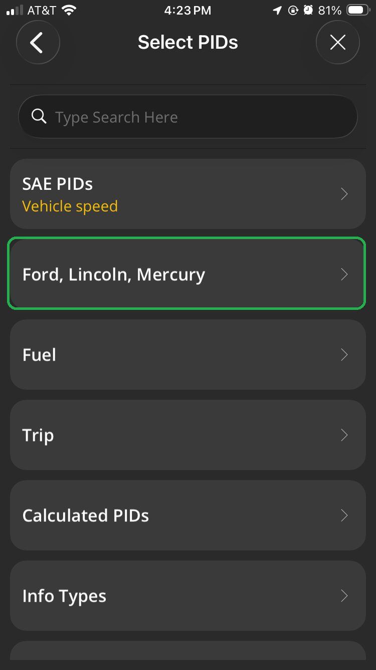 iOS Select PIDs screen with Ford, Lincoln, Mercury highlighted.