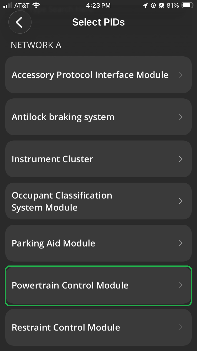 iOS Select PIDs screen with Powertrain Control Module highlighted.