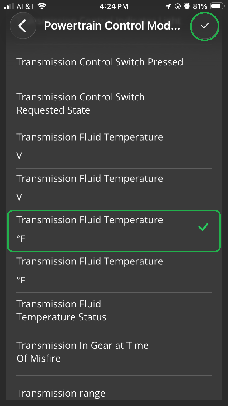 iOS Powertrain Control Module screen with Transmission Fluid Temperature highlighted. The Checkmark in the upper right corner is also highlighted.