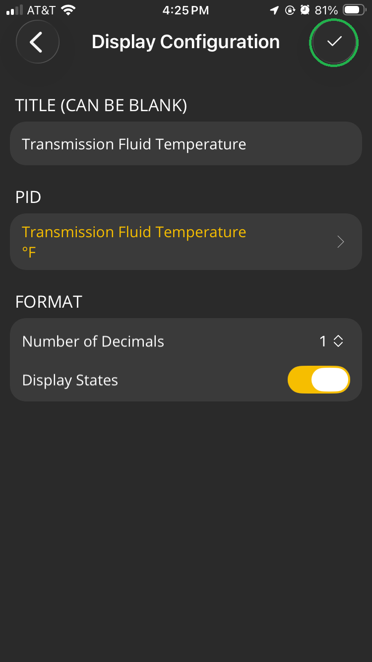 iOS Display Configuration screen with the checkmark button highlighted.