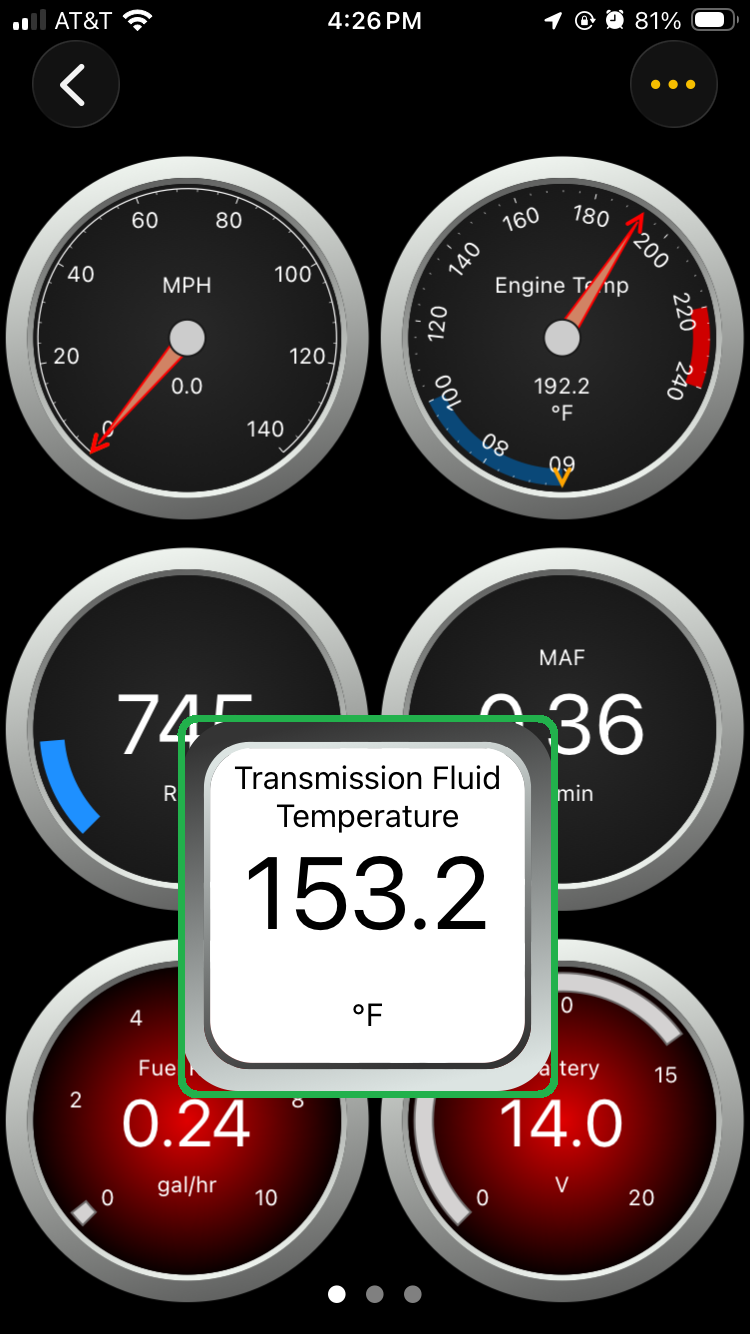 iOS Dashboard with Transmission Temperature gauge highlighted.