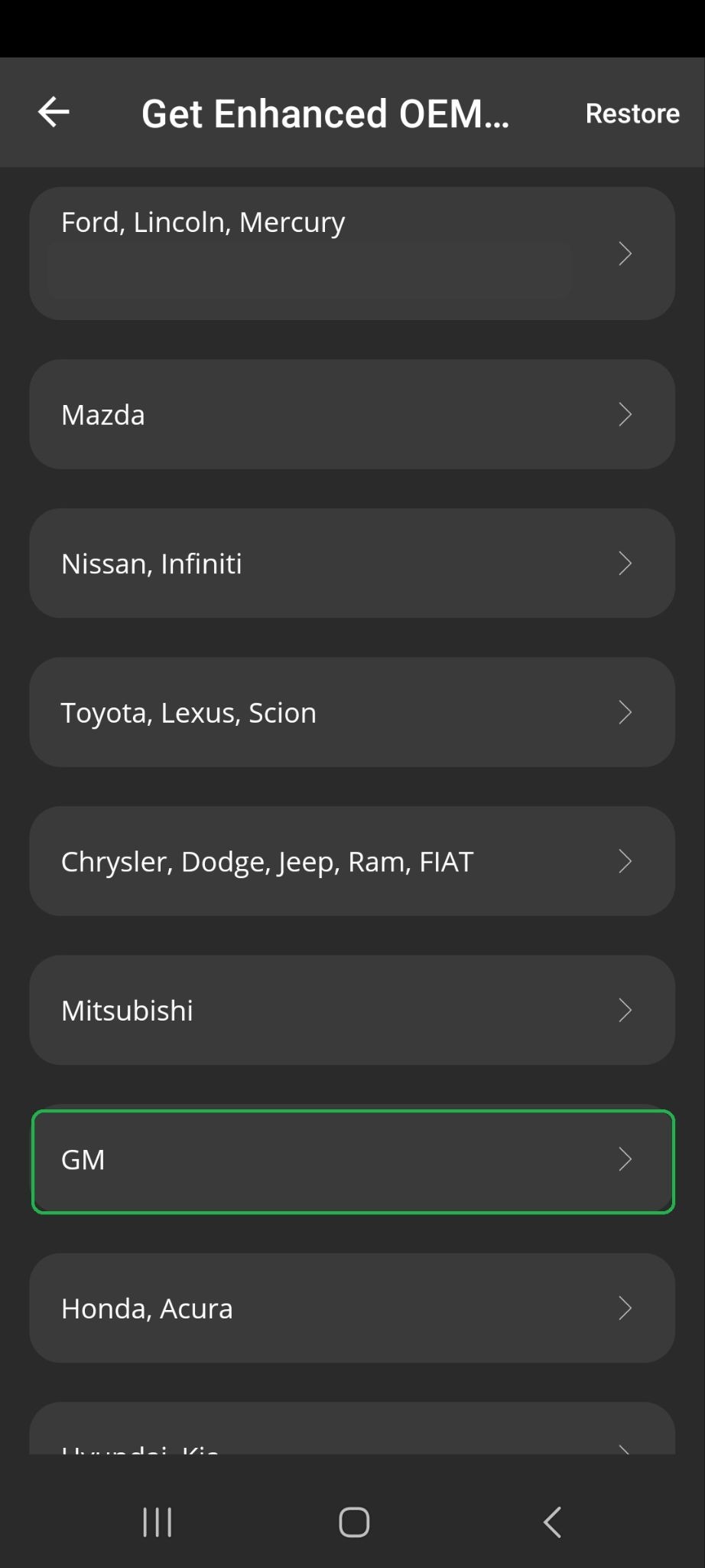 Android "Get Enhanced OEM" screen with GM highlighted.