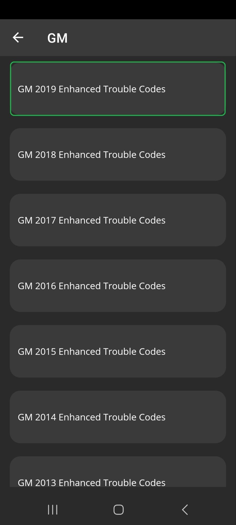 Android screen with GM 2019 Enhanced Trouble Codes highlighted.