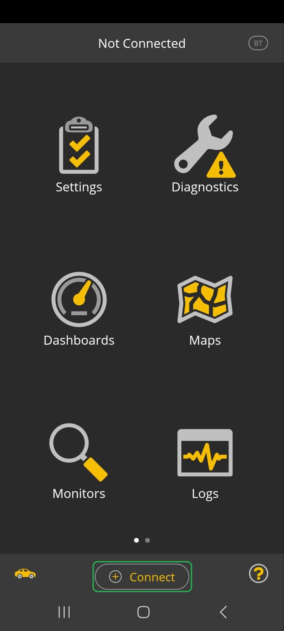 Android Home screen with the Connect button highlighted.