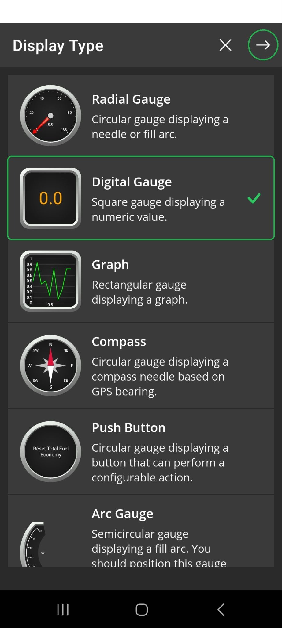 Android Display Type menu with the Digital Gauge and forward arrow button highlighted.