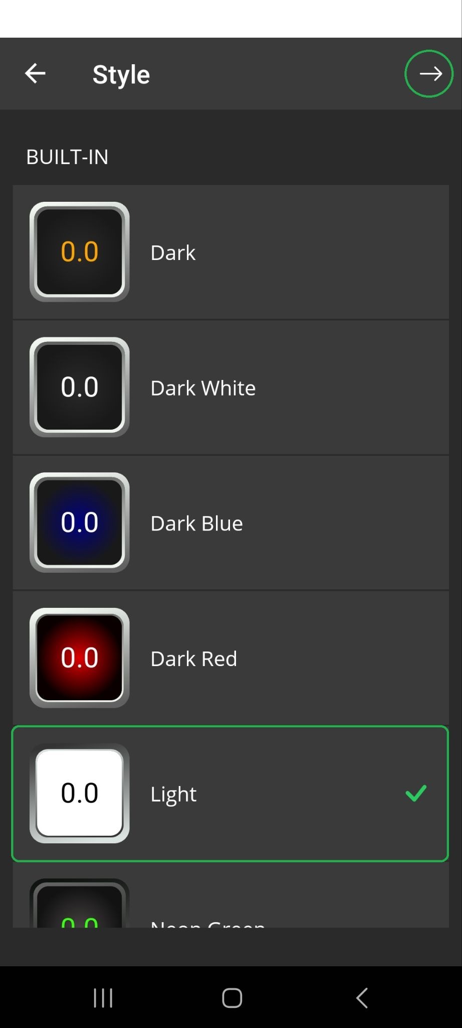 Android Display Style menu with the Light option and forward arrow button both highlighted.