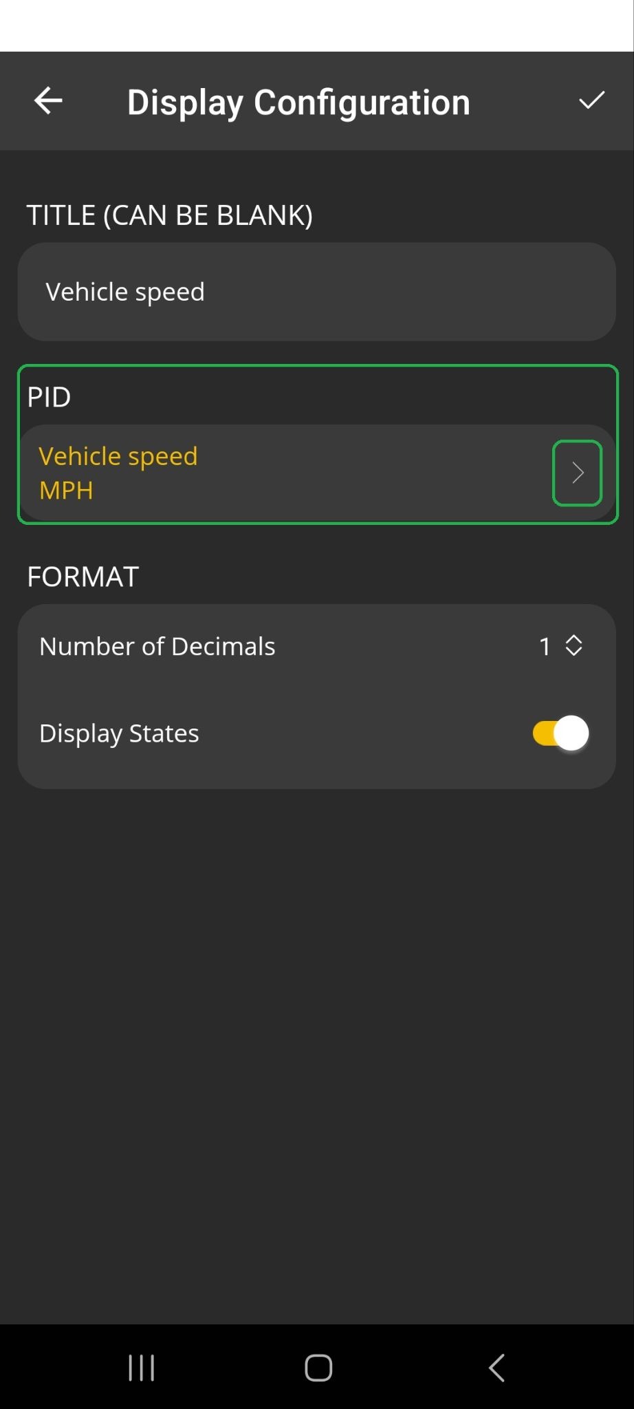 Android Display Configuration screen with PID section highlighted. The forward arrow for Vehicle Speed PID is also highlighted.
