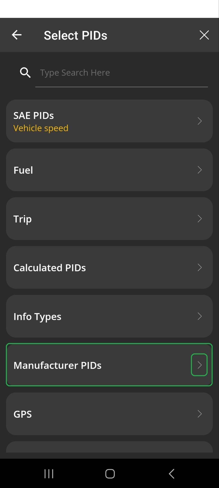 Android screen showing the Select PIDs menu. Manufacturer PIDs and the forward arrow are both highlighted.