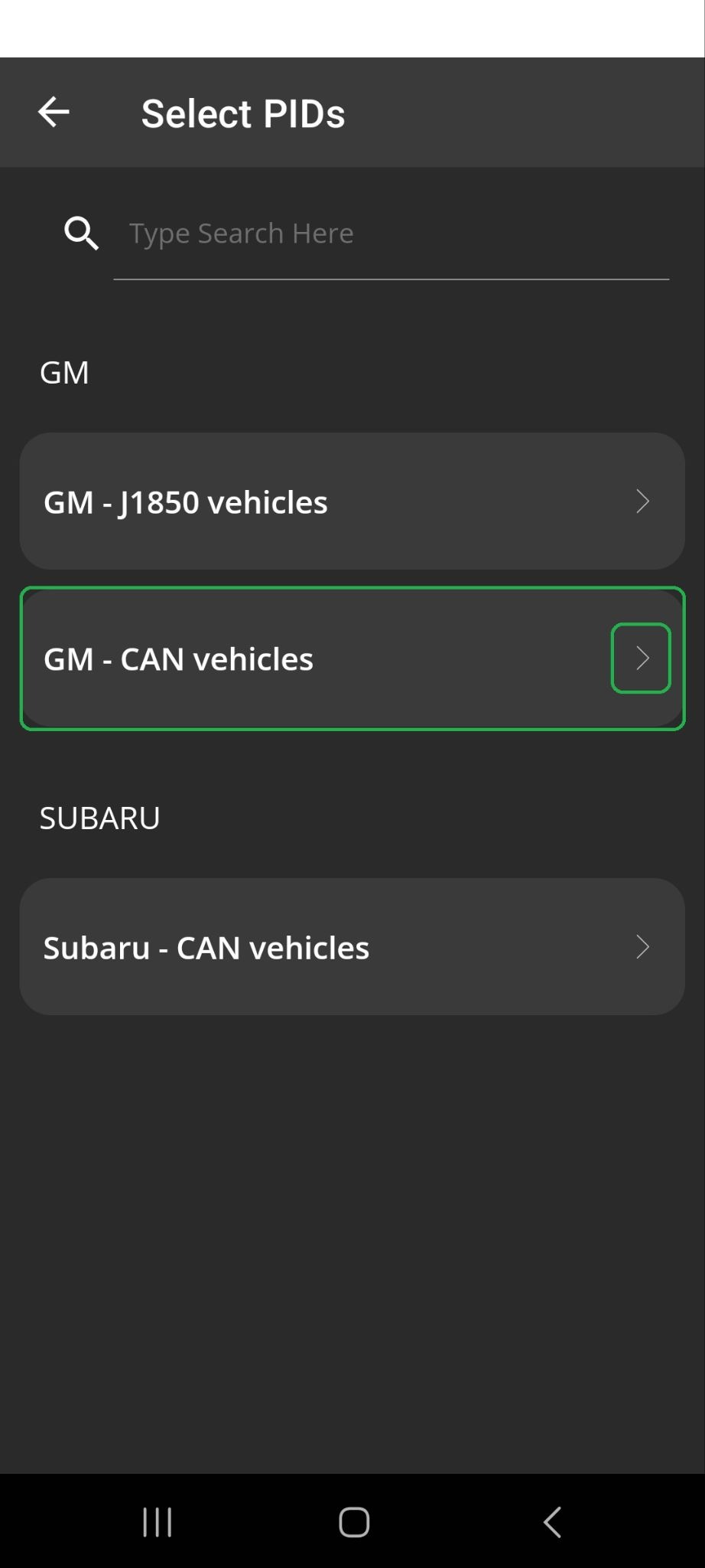 Android screen showing the Select PIDs menu. GM-CAN vehicles and the forward arrow are both highlighted.