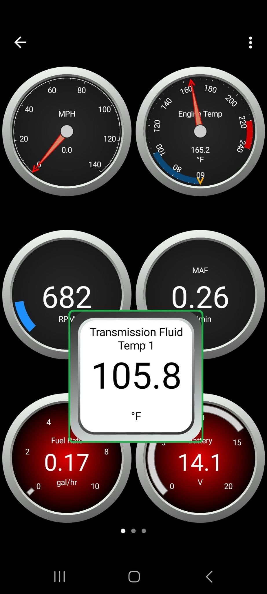 Android screen showing a gauge with Transmission Fluid Temp highlighted.